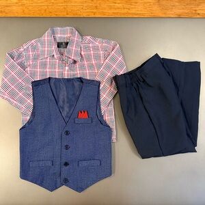 Boys' Blue Vest with Red Pocket Square and Black Pants Set - 3pcs - Size 5